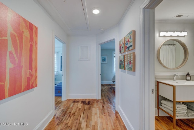 hallway with ornamental molding, light wood-style flooring, a sink, and visible vents