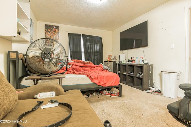 carpeted bedroom featuring a textured ceiling