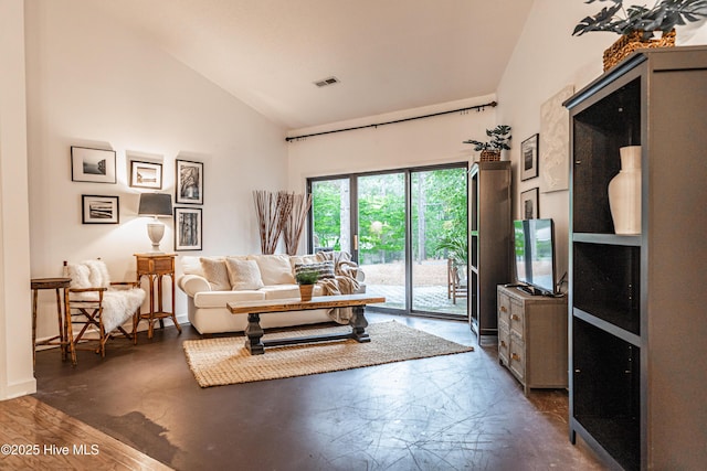 living room featuring high vaulted ceiling