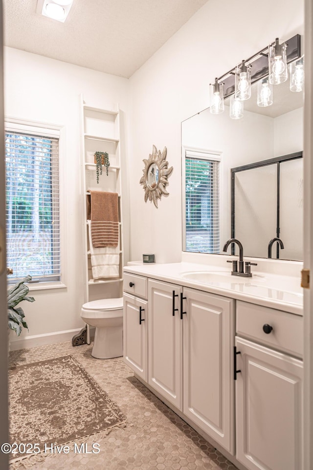 bathroom featuring vanity, toilet, plenty of natural light, and a shower stall