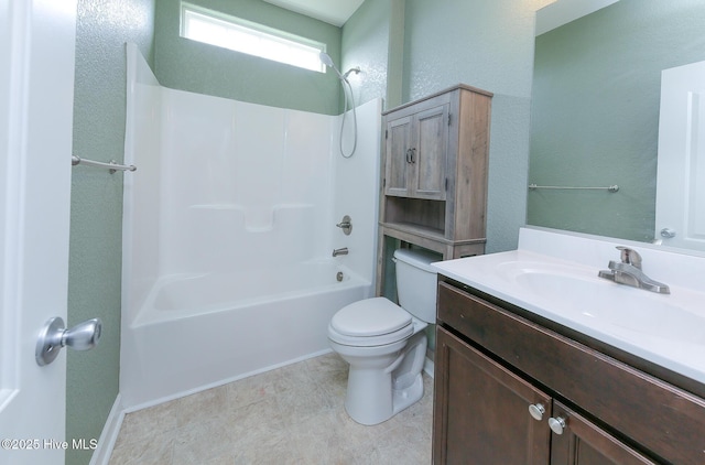 full bathroom featuring a textured wall, vanity, toilet, and shower / bathtub combination