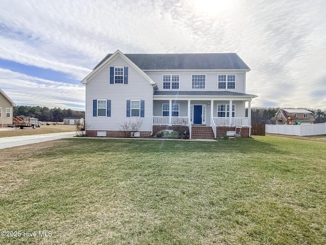 view of front facade with crawl space, a porch, a front lawn, and fence