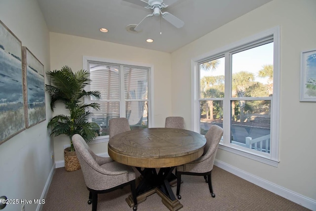 dining space featuring ceiling fan, recessed lighting, carpet flooring, and baseboards