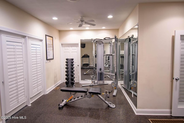 workout room with recessed lighting, ceiling fan, and baseboards