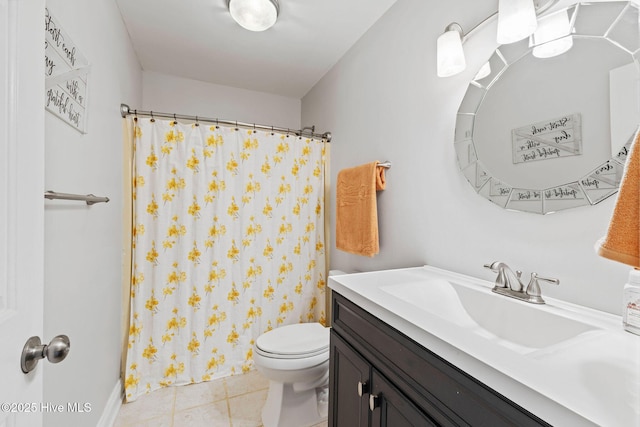 bathroom with tile patterned flooring, vanity, toilet, and a shower with curtain