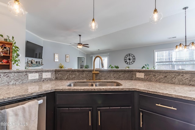 kitchen featuring hanging light fixtures, plenty of natural light, dishwasher, and sink