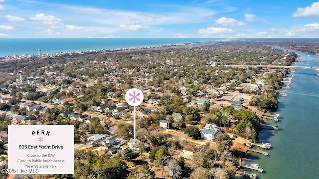 drone / aerial view with a water view