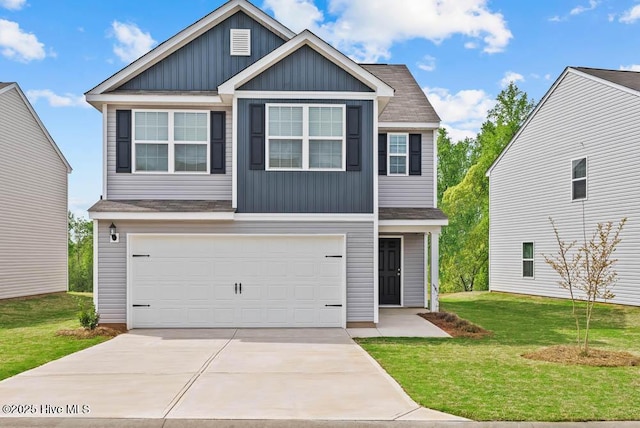 view of front of property with board and batten siding, an attached garage, driveway, and a front lawn