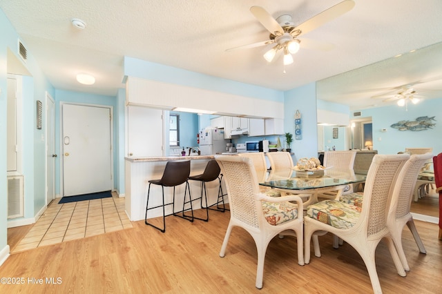 dining space with sink, ceiling fan, light hardwood / wood-style floors, and a textured ceiling