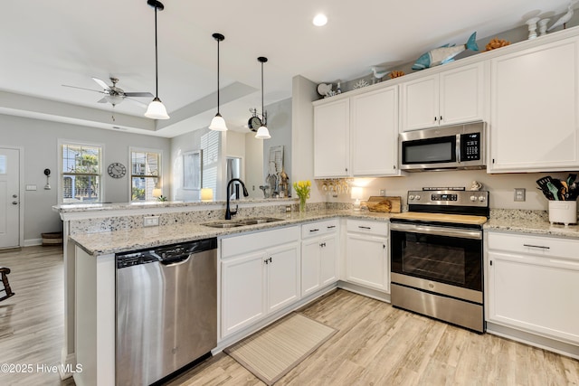 kitchen featuring a peninsula, light wood-type flooring, stainless steel appliances, and a sink