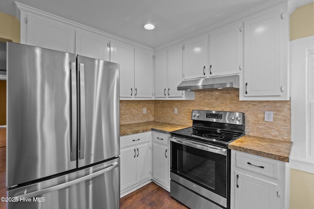 1206 N Bonner St, Washington, NC 27889 - kitchen featuring tasteful backsplash, dark wood-style flooring, under cabinet range hood, white cabinets, and appliances with stainless steel finishes