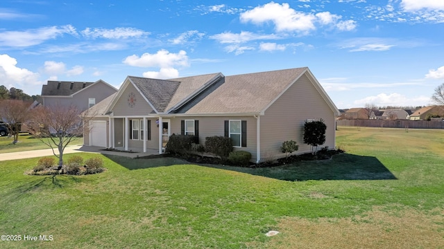 view of front facade featuring a garage, concrete driveway, a shingled roof, and a front lawn