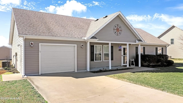 view of front facade featuring covered porch, central AC unit, roof with shingles, and an attached garage