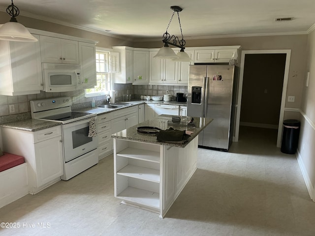 kitchen featuring light floors, open shelves, white cabinetry, a sink, and white appliances