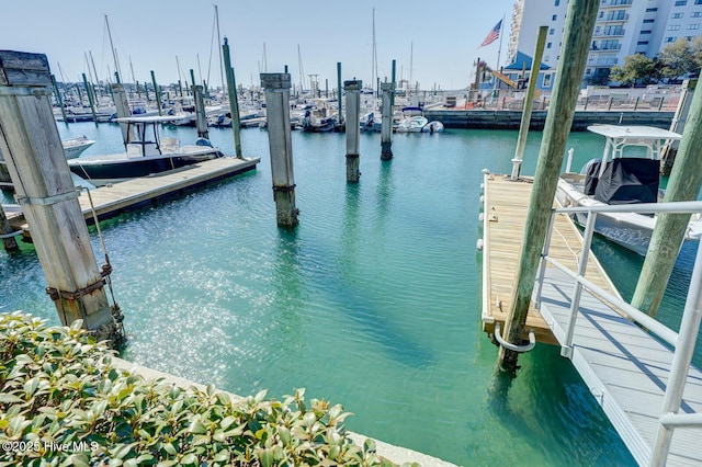 view of dock with a water view