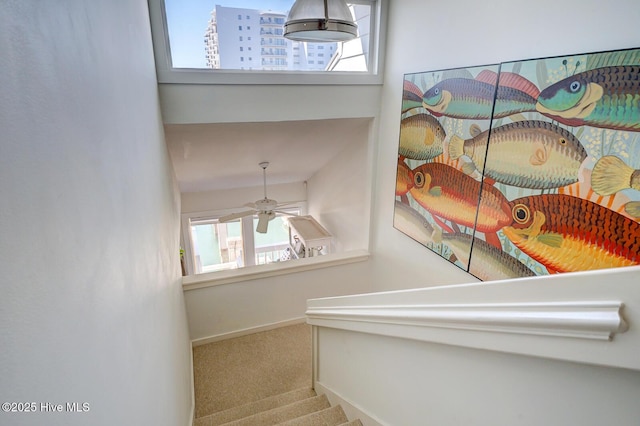 staircase with baseboards and carpet flooring