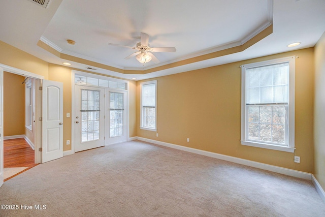 carpeted spare room with a tray ceiling, a healthy amount of sunlight, crown molding, and baseboards