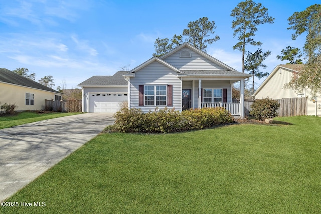 view of front of home with fence, driveway, a garage, covered porch, and a front lawn