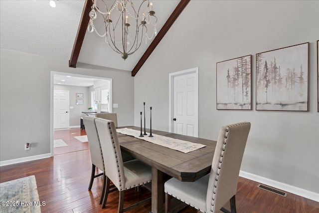 dining space featuring baseboards, visible vents, dark wood-type flooring, beamed ceiling, and high vaulted ceiling