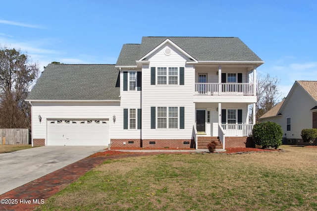 view of front of property featuring crawl space, driveway, a garage, and a shingled roof