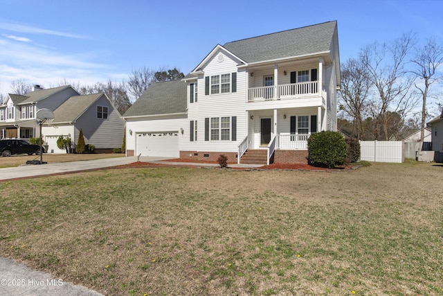 view of front of property featuring a balcony, covered porch, fence, concrete driveway, and crawl space