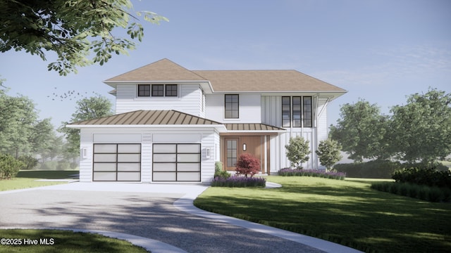 modern farmhouse style home featuring metal roof, a garage, concrete driveway, a front lawn, and a standing seam roof