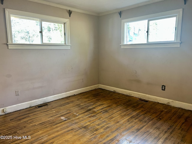 spare room featuring visible vents, ornamental molding, and a wealth of natural light