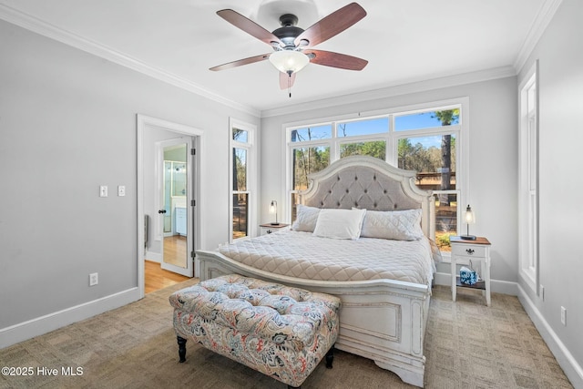 bedroom with ceiling fan, baseboards, and crown molding