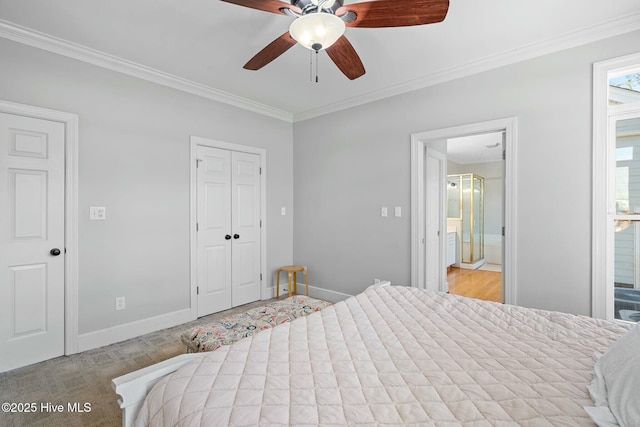 bedroom with ornamental molding, light colored carpet, and baseboards