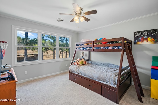 bedroom featuring crown molding, light colored carpet, visible vents, multiple windows, and baseboards