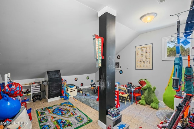 game room with lofted ceiling