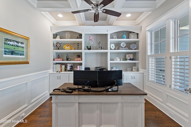 office with built in shelves, dark wood-type flooring, beamed ceiling, and coffered ceiling