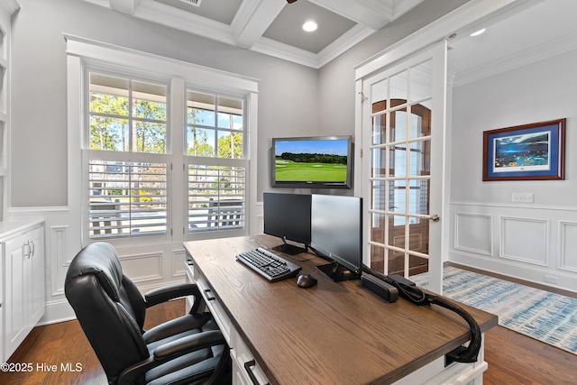 office with beamed ceiling, dark wood-style flooring, and crown molding