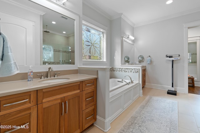 full bathroom with a stall shower, tile patterned floors, crown molding, vanity, and a bath