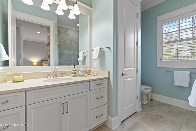 bathroom with vanity, baseboards, ornamental molding, tiled shower, and tile patterned floors