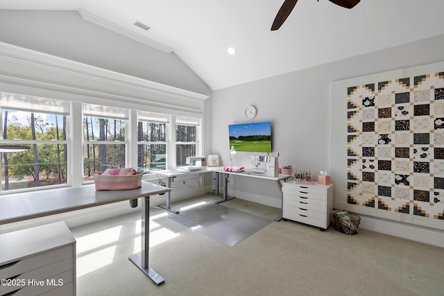 office area with carpet floors, recessed lighting, visible vents, ceiling fan, and high vaulted ceiling