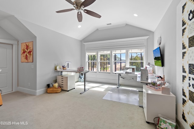 office with a ceiling fan, vaulted ceiling, carpet flooring, and recessed lighting