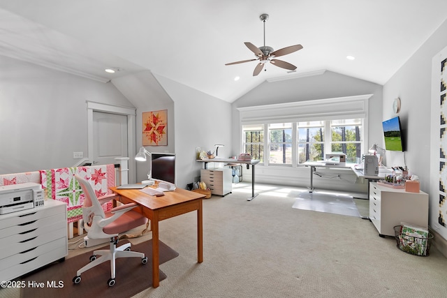 office space featuring ceiling fan, vaulted ceiling, carpet flooring, and recessed lighting