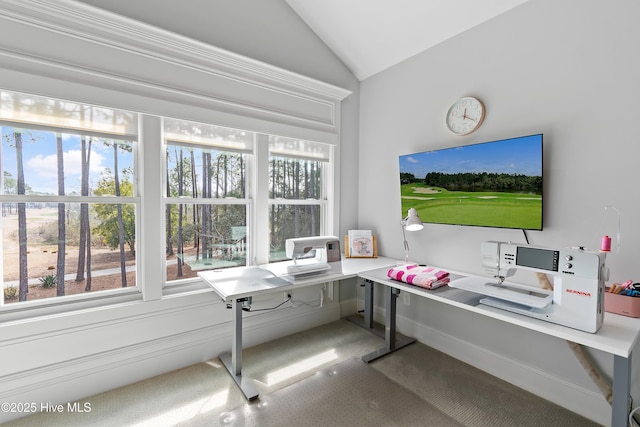 office area featuring vaulted ceiling and carpet