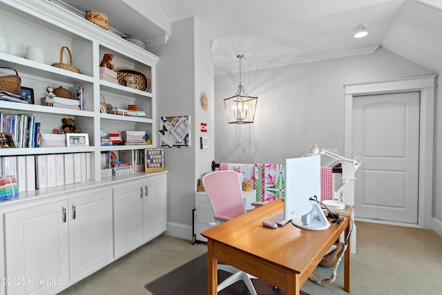 office area featuring lofted ceiling, light colored carpet, and an inviting chandelier