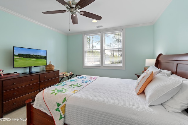 bedroom featuring ceiling fan, visible vents, and crown molding