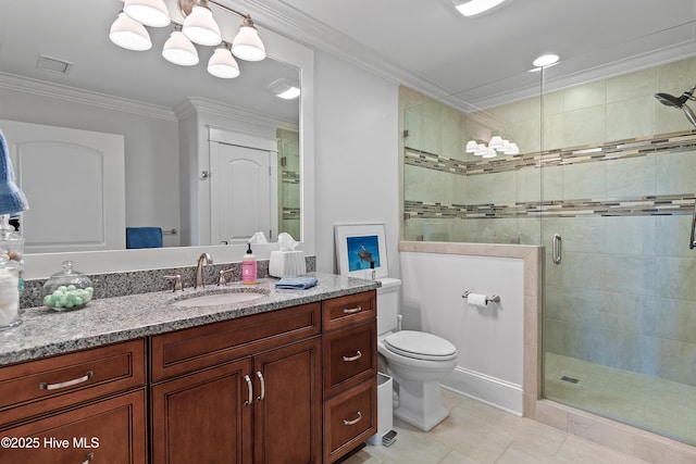 bathroom with toilet, ornamental molding, tile patterned floors, vanity, and a shower stall