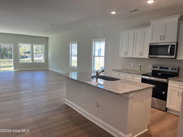 kitchen featuring a kitchen island with sink, stainless steel appliances, a sink, white cabinetry, and open floor plan