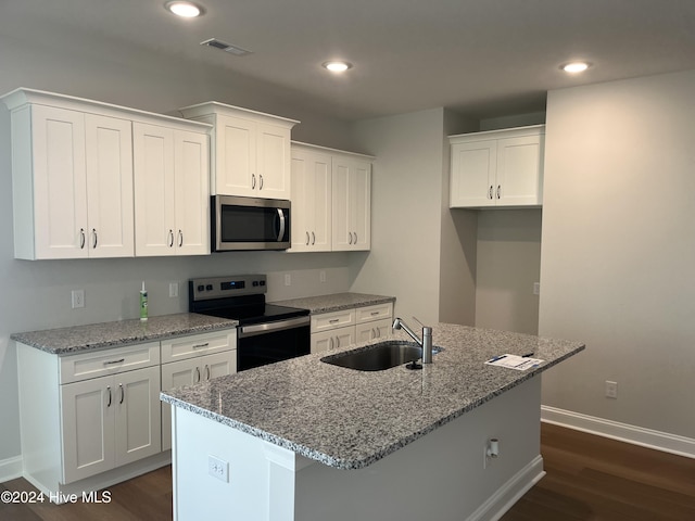 kitchen featuring range with electric cooktop, a sink, visible vents, white cabinetry, and stainless steel microwave