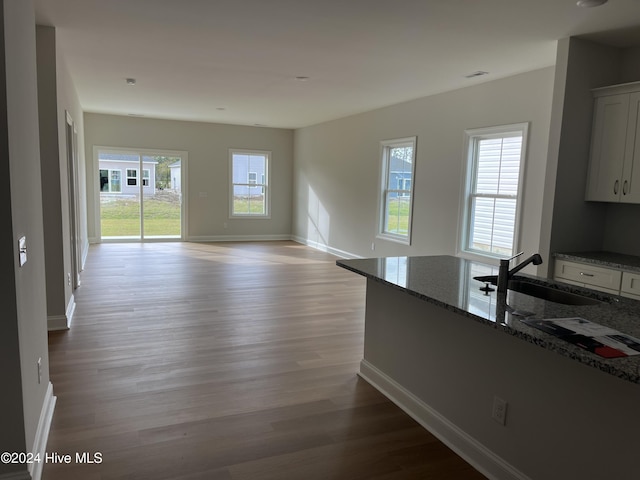 unfurnished living room featuring light wood-style floors, a sink, and baseboards