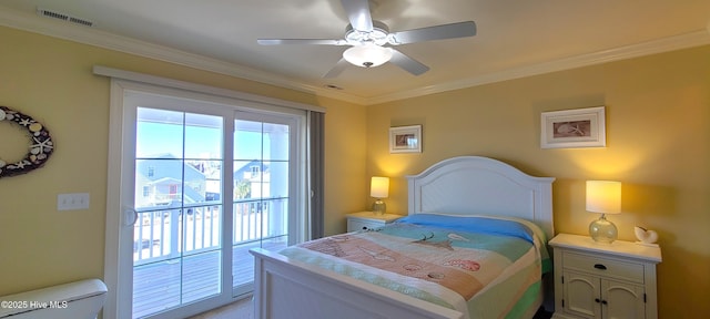 bedroom featuring a ceiling fan, access to outside, visible vents, and crown molding