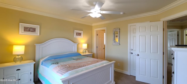 bedroom featuring ceiling fan, baseboards, ornamental molding, and dark carpet