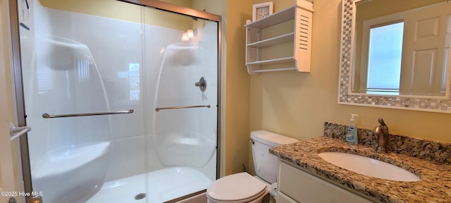 full bathroom featuring a stall shower, vanity, and toilet