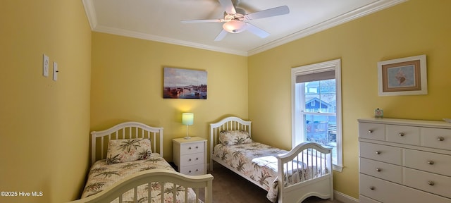 bedroom with ceiling fan and ornamental molding