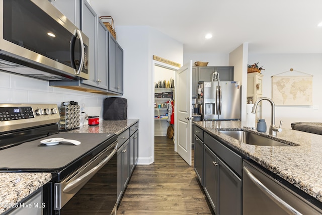 kitchen with appliances with stainless steel finishes, dark wood-type flooring, a sink, and light stone counters